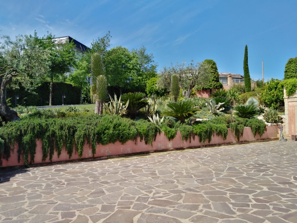 Giardino con prato, piante mediterranee e vialetto in pietra realizzato da Irritec